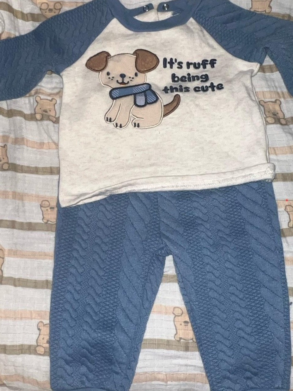 Blue & White Puppy Knit Kids Matching Set